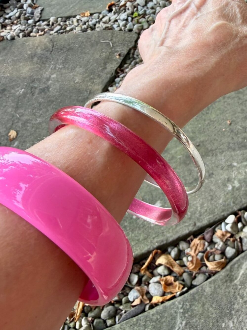 Pink & Silver Bangle Bracelet Set. Iridescent Accent. Wear Individually or Stack